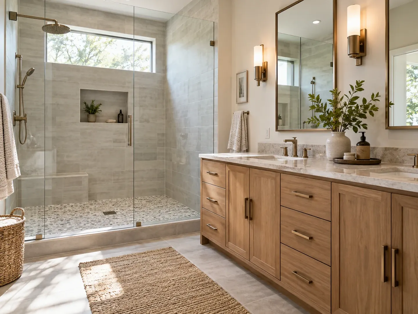 Bathroom design inspiration featuring a tiled walk-in shower and wood vanity