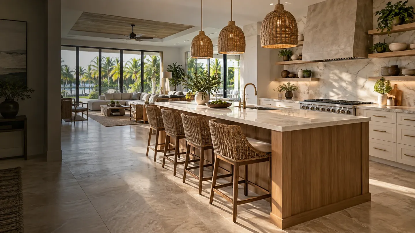 Bright kitchen with a wood island, light stone finishes and a view of tropical greenery